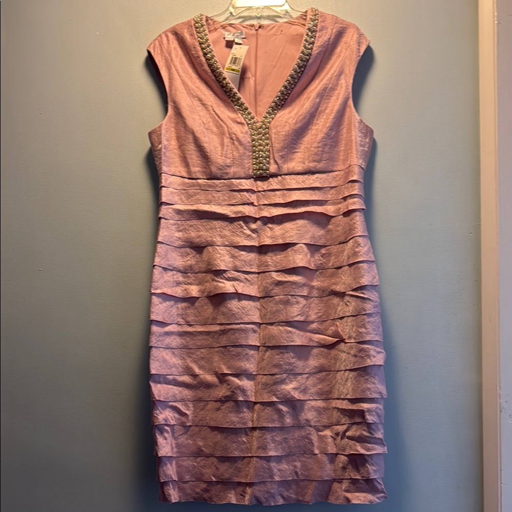 London Times Pink Sheath Mini Dress Plunge Neckline